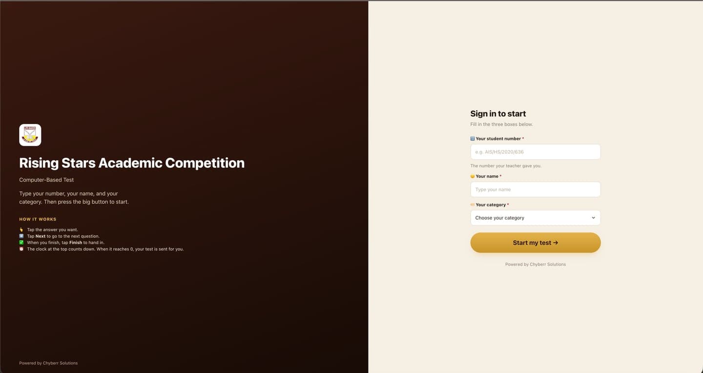The Rising Stars exam sign-in screen, built by Chyberr.